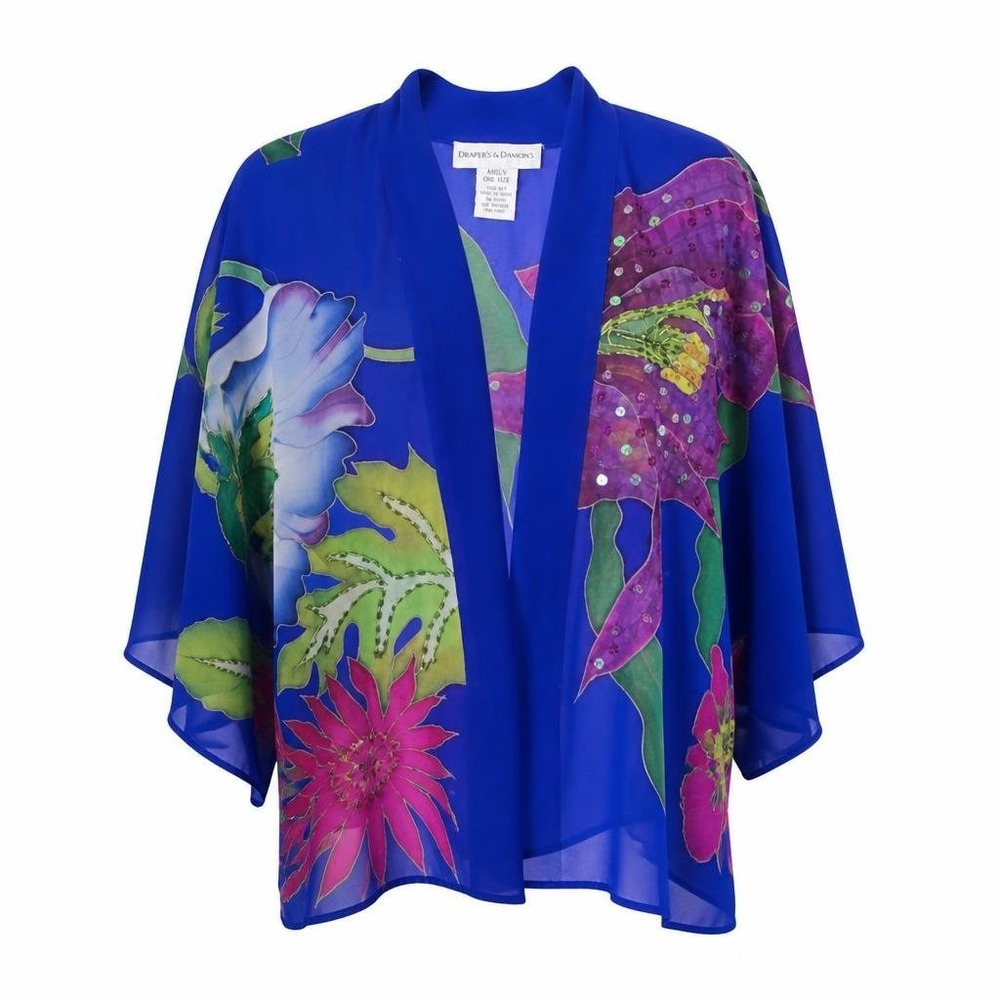 Drapers Damons Kimono Blouse Womens OSFM Blue Floral 100% Silk Open Front Boho